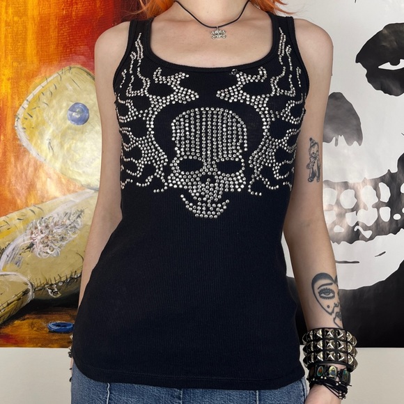 Skull and Flames Rhinestone Tank Top / Size S - Picture 2 of 5